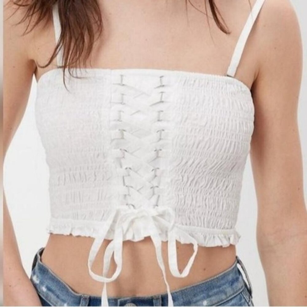 American Eagle White Smocked Lace-Up Tube Top Crop New NWT Size Small Boho Beach